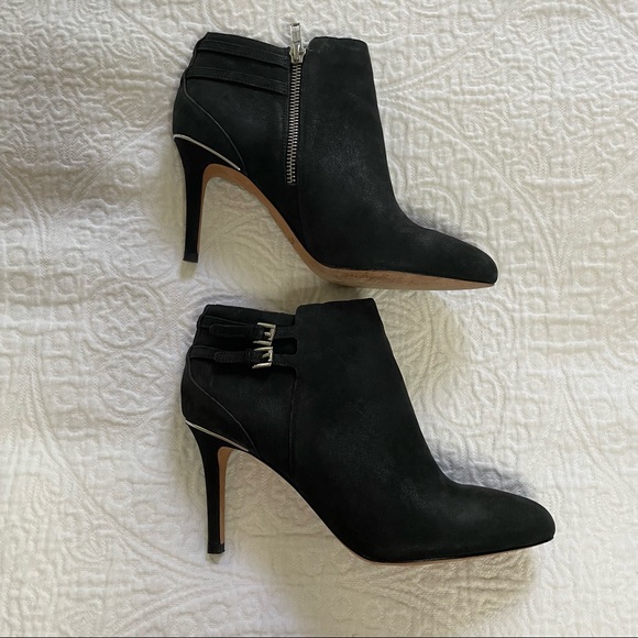 EUC Coach Black Suede Stiletto Ankle Booties | Size 7 | Zip & Buckle Detail - Picture 1 of 6